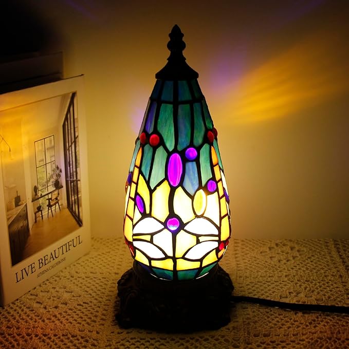 Small Tiffany Lamp Stained Glass Table Lamp 5.5X11 Inch Christmas Tree Lighthouse Mini Accent Memory Sympathy Antique Night Light for Bedroom Living Room (Blue Yellow)