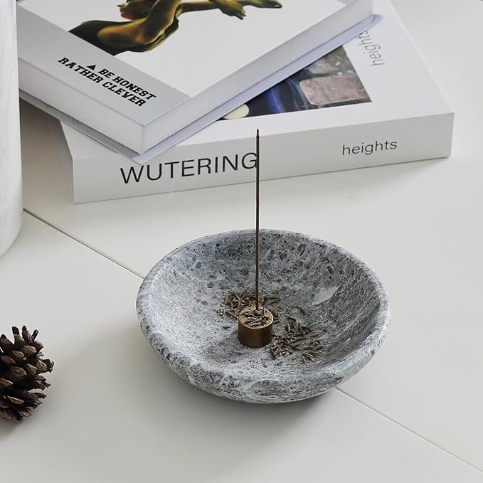 Koville Natural Marble Incense Holder, Incense Holder for Sticks with 9 Holes, Handmade Incense Burner Ash Catcher for Meditation Yoga SPA, Balsam Fir/Palo Santo/Sage/Cone (Grey) - Bloomnest