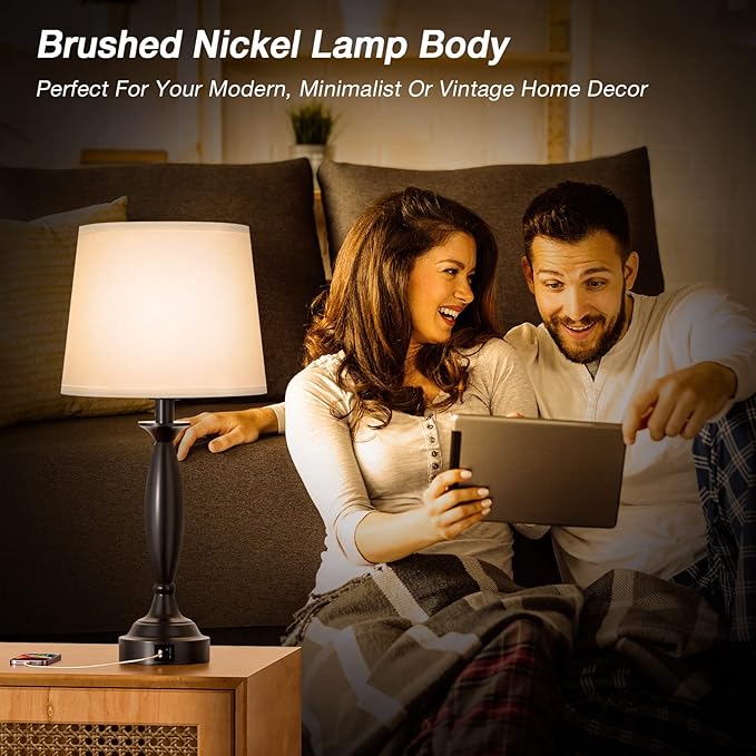 White Lamps for Bedrooms Set of 2 - Touch Control Bedside Lamp with USB C+A, 3 Way Dimmable Nightstand Lamps with USB Port, Table Lamp for Living Room(White Shade and Black Base) - Bloomnest