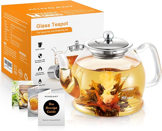 Glass Teapot, 33oz / 1000ml Teapot with Removable Infuser, Clear Tea Pot for Loose Leaf Tea and Blooming Tea, Stovetop Safe Glass Tea Kettle with Scale Line and Tea Brewer Guide