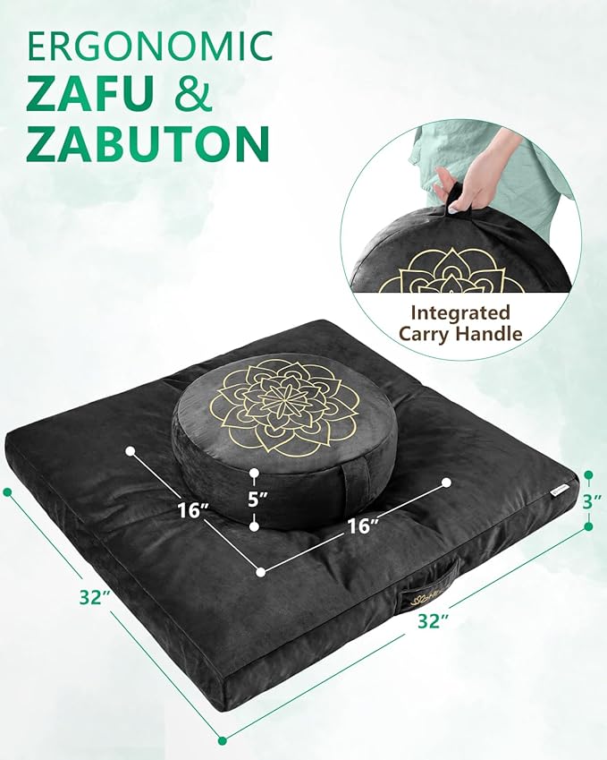 Hihealer Meditation Cushion Set Large Velvet Floor Pillow & Traditional Tibetan Yoga Bolster for Adults Zafu Meditation Mat with Buckwheat Filling (Black) - Bloomnest