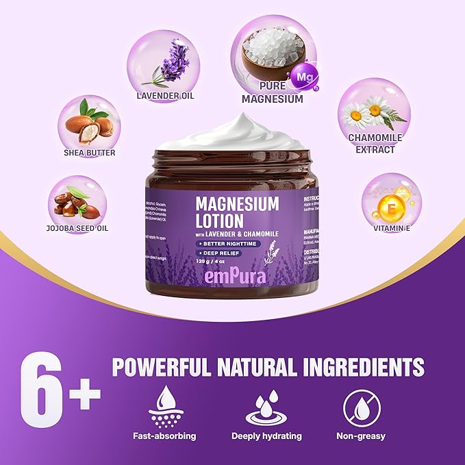 Lavender Magnesium Lotion, Nighttime Magnesium Cream with Chamomile, Shea Butter & Jojoba Oil - Muscle Relief & Relaxation for Legs, Arms, Feet - Valentines Day Gifts for Her (4oz) - Bloomnest