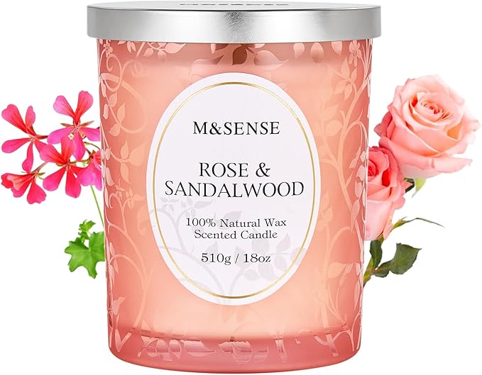 M&SENSE Rose Sandalwood Scented Candle, Cracking Wooden Wick Soy Wax, 18oz 100 Hours Long Lasting Clean Burn, Large Jar Candles for Home Decor, Non-Toxic Relaxing Aromatherapy Gifts for Women - Bloomnest