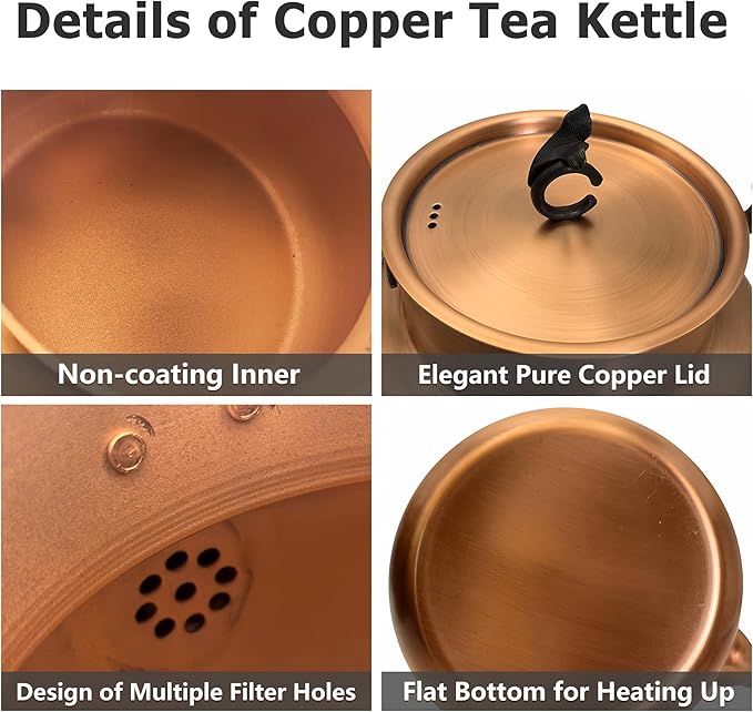 YJX Pure Copper Tea Kettle For Stovetop, Chinese Style Non-Coating Teapot with Stainless Steel Tea Ball For Loose Tea, Solid Tea Pot (1600ml) - Bloomnest