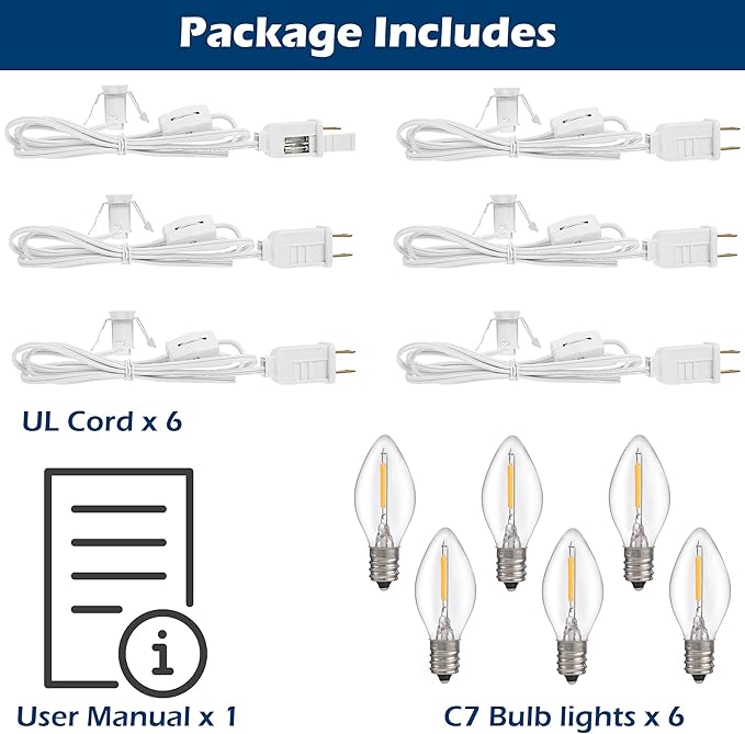 6 Packs 6ft Village Light Cord with 1W C7 LED Bulb, Salt Lamp Cord with ON/Off Switch and 2 Spare Fuses, Blow Mold Light Ideal for Christmas Village House Craft Decorations - Bloomnest