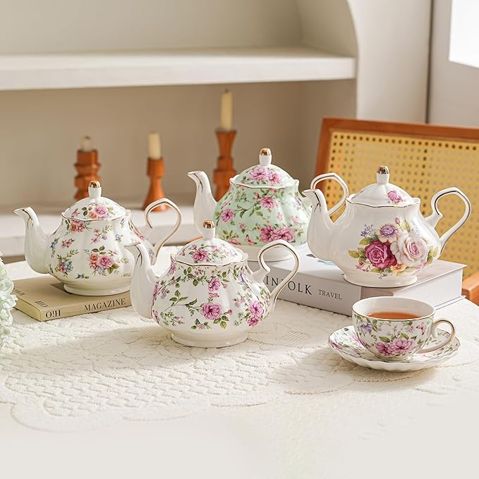 Flower Ceramic Teapot,22oz Porcelain Tea pot for Tea Coffee Milk for Office Home Men Women as Gift (White and big flowers) - Bloomnest