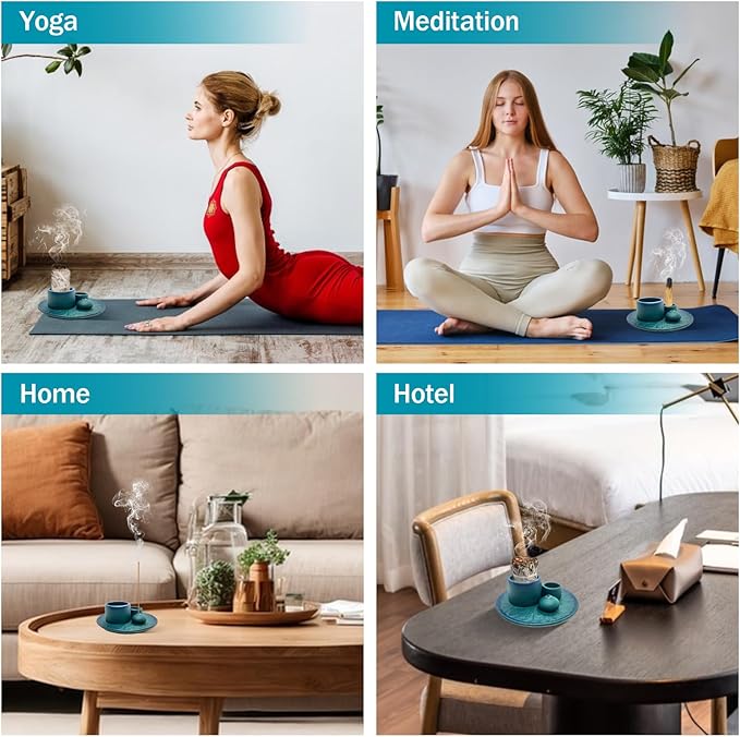 Palo Santo Holder - 4 in 1 Incense & Candle Holder - Ceramic Incense Holder Ash Catcher Tray for Meditation Room - Easy to Clean (Blue) - Bloomnest