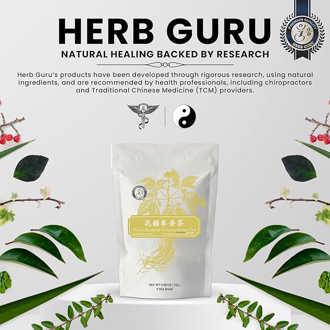 Herb Guru Floral Harmony Ginseng Herbal Blend with Rosa Rugosa and Chrysanthemum Flowers Natural Tea in Convenient Tea Bags | Herbal Infusion for Relaxation Wellness and Daily Balance