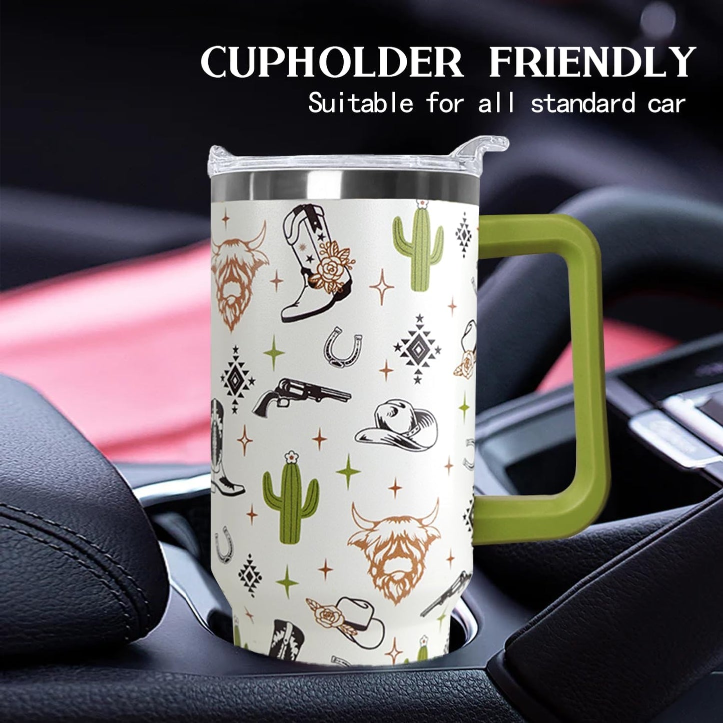 Ceovfoi 40 Oz Western Tumbler With Handle, Cow Skull Coffee Travel Mug Cup Water Bottle, Western Decor, Gifts for Women