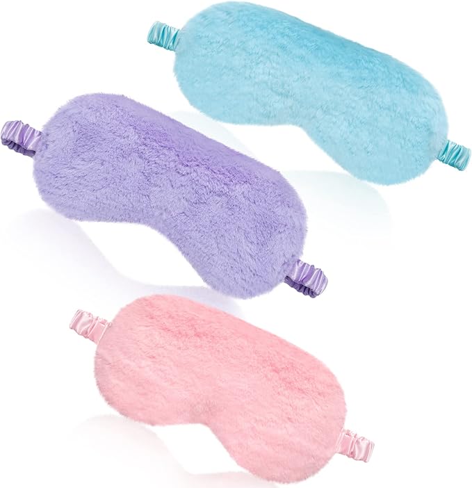 Plush Eye Mask 3 Pcs Sleeping Blindfold - Comfortable Soft Furry Eye Cover for Sleepover Gift Birthday Party Favors (Pink, Purple, Sky Blue) - Bloomnest