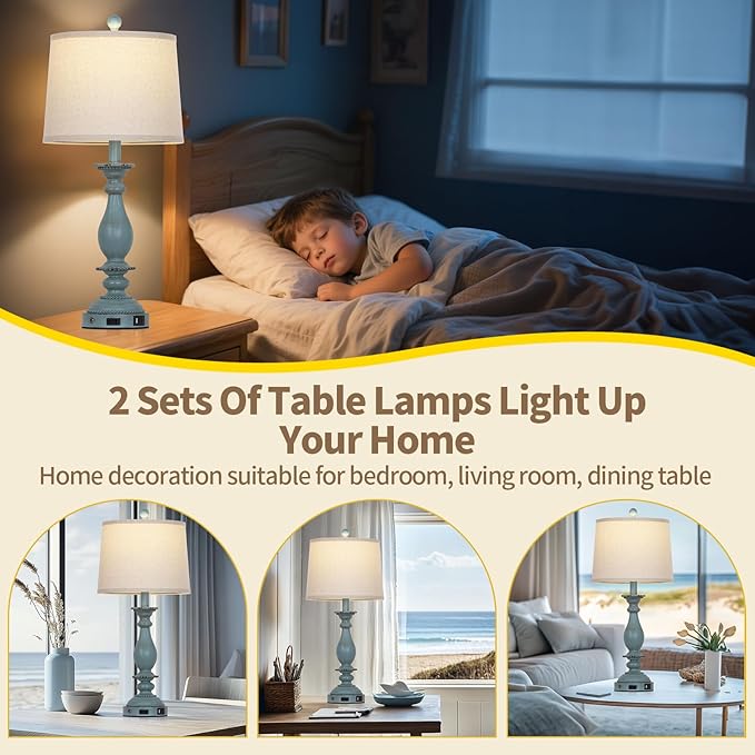 28" Tall Coastal Table Lamps for Living Room Set of 2, Farmhouse Rustic Blue Bedside Touch Lamp with USB C+A Ports & Outlet, 3-Way Dimmable Resin Nightstand Lamps for Bedroom Side End Table - Bloomnest