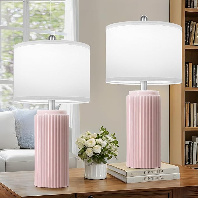 23.5’’ Modern Pink Table Lamps Set of 2 for Living Room, Ceramic Bedside Lamps with White Linen Shade for Girls Room, Rustic Nightstand Lamps for Bedroom Home Office, Cute Lamps for End Table Dorm - Bloomnest