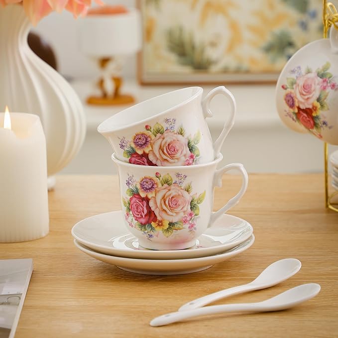 20-Pieces Porcelain Bone china Tea Sets,Gold Rim Coffee Set with Golden Metal Rack,Tea Gift Sets for Home&Party (008) - Bloomnest