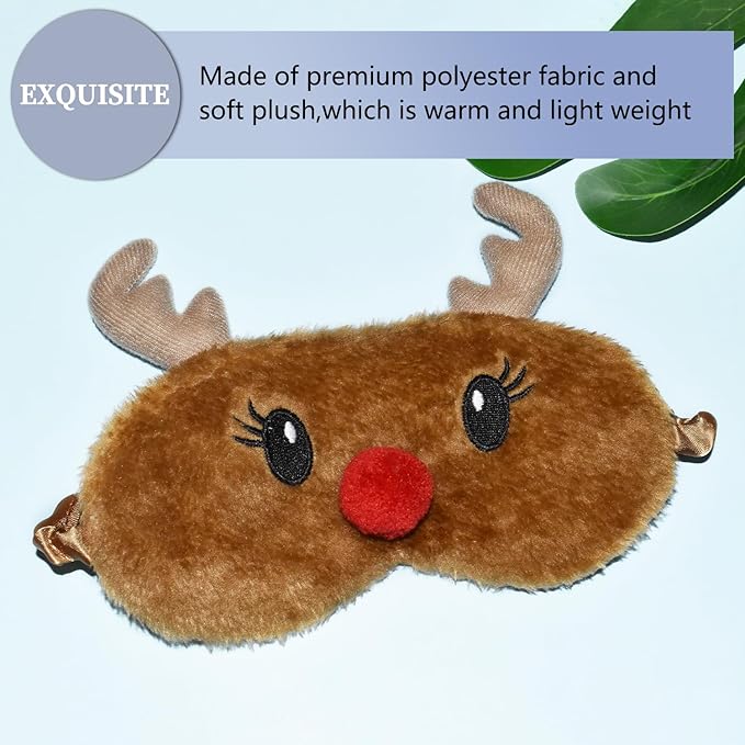 Christmas Reindeer Sleep Mask Cute Antler Eye Masks Sleeping Soft Plush Cartoon Blindfold Funny Animal Eye Cover Xmas Presents for Kids Girls and Adult (Xmas Reindeer,Brown) - Bloomnest