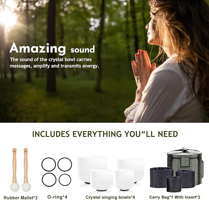 Singing Bowl Set of 4 PCS 6" A Note 8" F Note 10" G Note 12" C Note Frosted Chakra Quartz Crystal Sound bowls With Carry Case Bag. - Bloomnest
