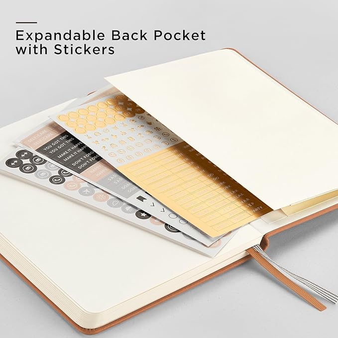&And Per Se Dotted Journal Notebook, A5 Hardcover Leather Bullet Dotted Journal, 160 Pages 100 gsm Thick Paper, 3 Sheets of Stickers Included- 5.7'' x 8'' (Light Brown) - Bloomnest