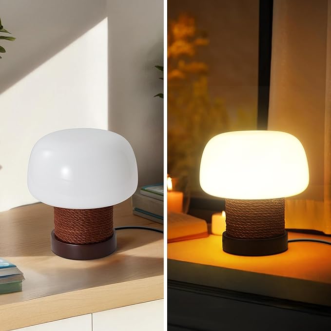 Small Table Lamp for Bedroom-Wooden Base Mushroom Table Lamps,Milky White Glass Shade,Three Adjustable Color Temperatures Modern Cute Unique Side Table and Desk Lighting(H 7.4 in) - Bloomnest