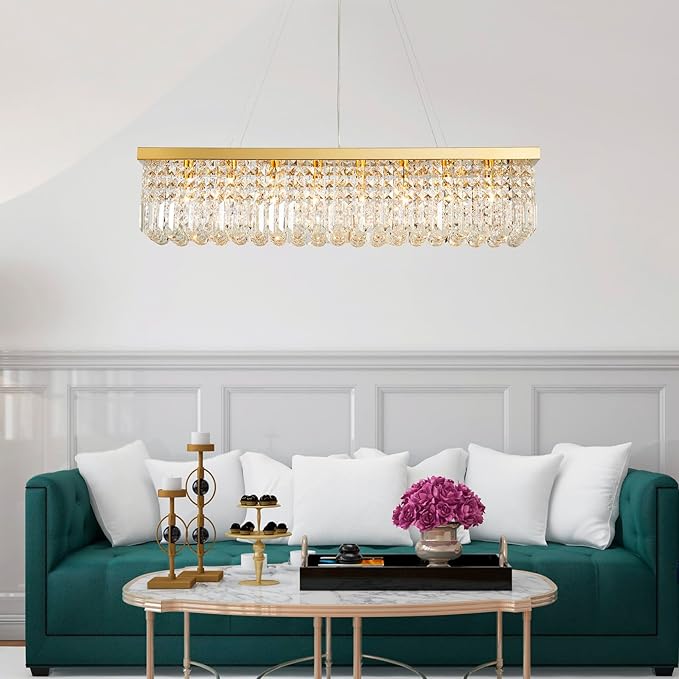 Saint Mossi 8-Lights K9 Crystal Chandelier for Dining Room, Rectangular Pendant Light Fixture for Kitchen Island, Raindrop Chandelier, X-Large Size, Chain Adjustable - Bloomnest