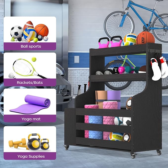 Weight Rack for Dumbbells, Home Gym Organizer Rack Yoga Mat Holder with Wheels and Hooks, All in One Workout Storage for Yoga Mat, Foam Roller, Gym Storage Storage for Home Exercise(Wood) - Bloomnest