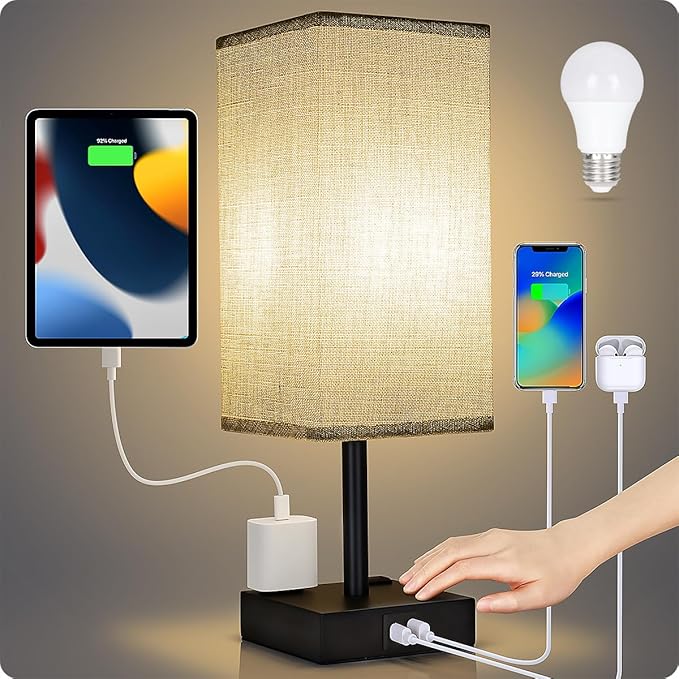 Bedside Table Lamp for Bedroom - Touch Small Lamp with USB C+A Charging Ports & AC Outlets, 3 Way Dimmable Nightstand Light for Living Room (LED Bulb Included, Grey) - Bloomnest