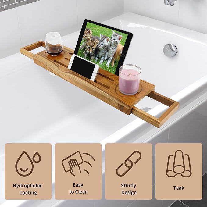 Teak Bathtub Tray Caddy - Expandable Bath Tray - Adjustable Organizer Tray for Bathroom - Luxury Bath Caddy Tub Table, Bathtub Accessories & Bathroom Gadgets - Bloomnest