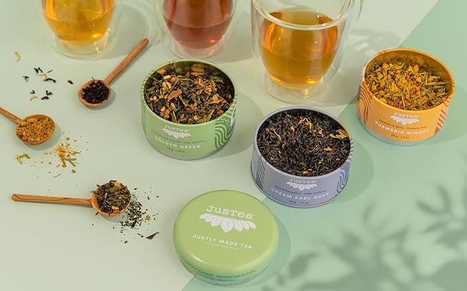 JusTea Assorted Tea Trio | Stacking Tins Variety Pack with Hand Carved Spoon | Loose Leaf Tea | Variable Caffeine | Award-Winning | Fair Trade | Non-GMO - Bloomnest