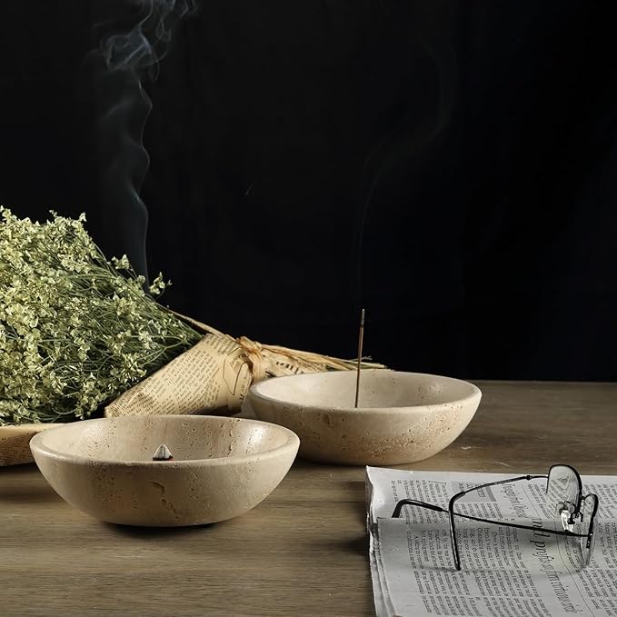 Koville Italian Travertine Incense Holder, 6" Incense Holders for Sticks, Sturdy Incense Burner Ash Catcher, Ideal for Meditation, Relaxing, Easy to Clean - Bloomnest
