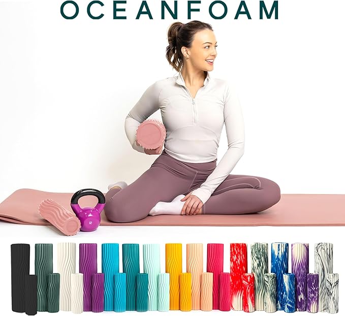 Oceanfoam Ripple Travel Foam Roller (11" x 3.35") Firm Mini Foam Roller for Physical Therapy, Deep Tissue Massage, Back Pain - High Density, Ergonomic Wave Textured - Yoga, Pilates, Exercise (Blush) - Bloomnest