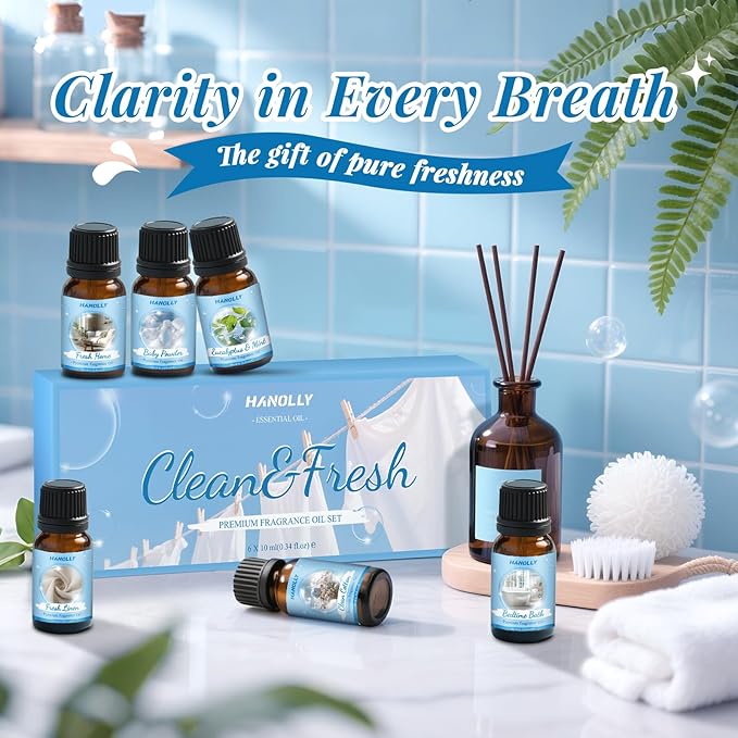 Essential Oils Set, Clean Scents Fragrance Oil Aromatherapy Essential Oils Kit for Diffuser (6x10ML) - Baby Powder, Bedtime Bath, Clean Cotton, Eucalyptus & Mint, Fresh Home, Fresh Linen Scented Oil - Bloomnest