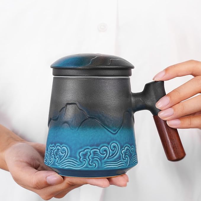 ZENS Tea Cup with Infuser and Lid for Loose Leaf Steeping, 16.9oz Embossed Ceramic Tea Infuser Mug, Wood Handle Tea Diffuser, Great Gift - Bloomnest