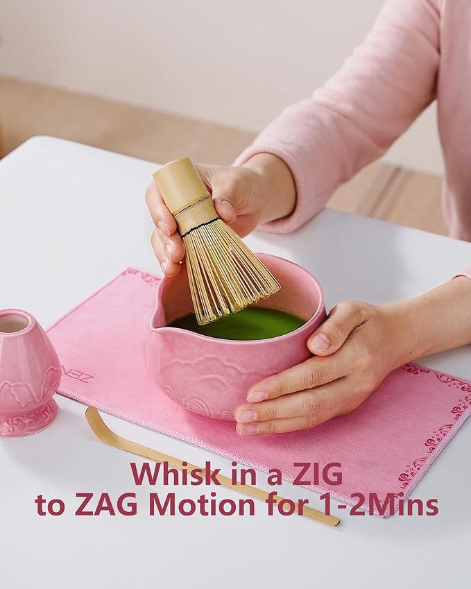 ZENS Matcha Whisk Set, 6pcs Matcha Set Pink Includes 15oz Ceramic Bowl and Bamboo Whisk (Chasen Holder) Scoop, 304 Sifter & Pink Tea Mat, Japanesse Matcha Kit for Matcha Latte-Making - Bloomnest