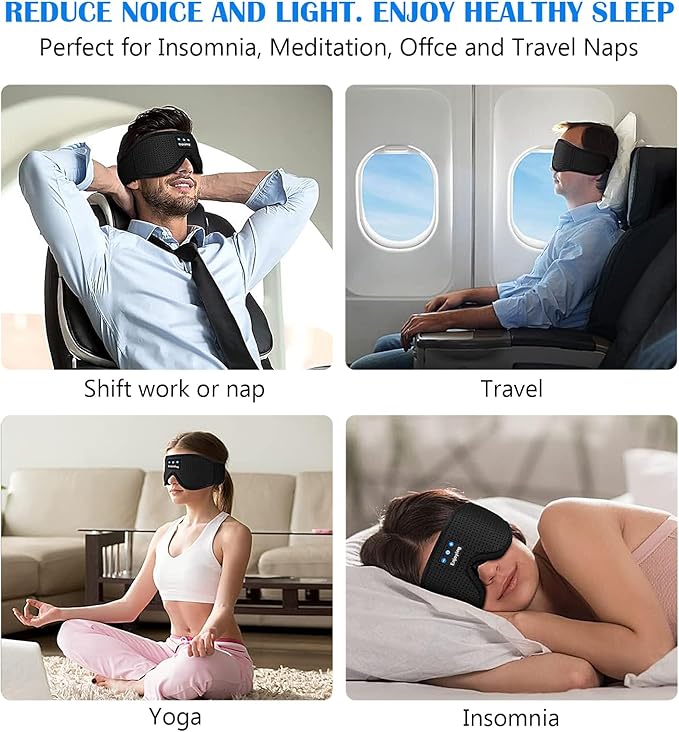 Sleep Headphones, Sleep Mask Bluetooth Wireless Music Eye Mask, Sleeping Headphones for Side Sleepers Sleep Mask with Bluetooth Headphones Ultra-Thin Stereo Speakers for Sleeping (Black) - Bloomnest