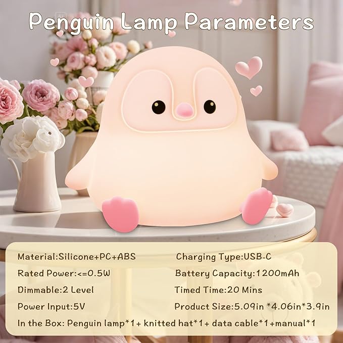 Penguin Night Light for Kids,Cute Pink Penguin Touch Lamp,Soft Silicone Nursery Nightlight,LED Squishy Novelty Animal Bedside Lamp,Rechargeable/Dimmable/Timer Desk Lamp,Kids Room Decor - Bloomnest