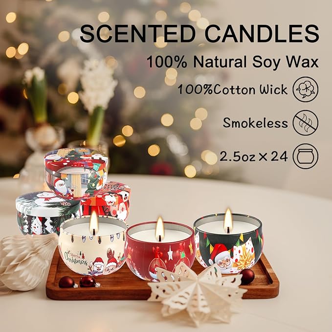 24Pack Christmas Scented Candle Tins Gift Set - Soy Wax Festive Aromatherapy Candles 2.5oz- Smokeless Long Lasting Burn time for Christmas Gifts Holiday Decor & Gifting. - Bloomnest
