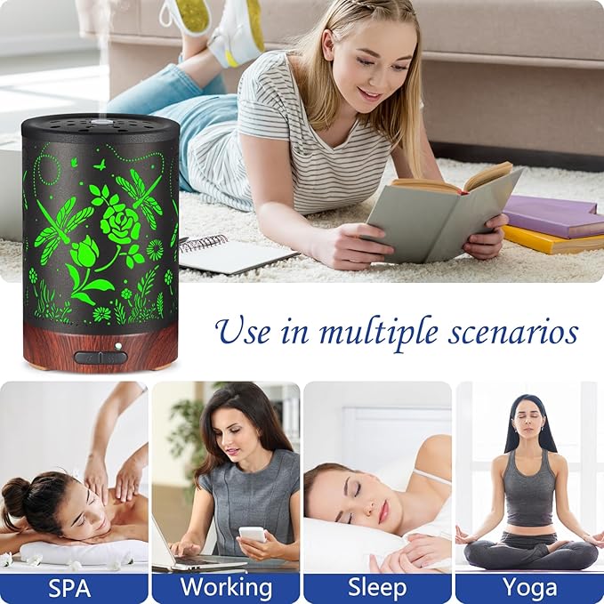 Essential Oil Diffuser- Aromatherapy Diffuser with7 Colors Light and Auto-Off for Women Metal Cool Mist Humidifier for Home and Office for Mom Women(Roses + Dragonflies) - Bloomnest