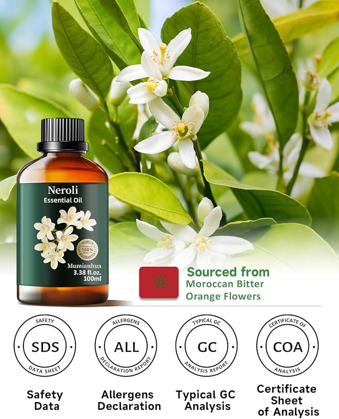Mumianhua Neroli Essential Oil 100% Pure- Therapeutic Grade Orange Blossom Oil for Cleaning Sprays, Home Perfume & Women's Cologne | Citrus Floral for Diffuser, Candle & Soap Making 3.38 Fl Oz - Bloomnest