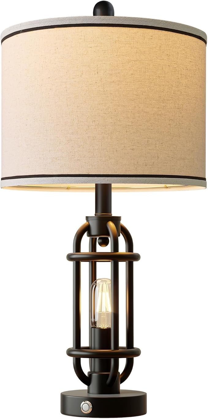 24'' Table Lamps for Living Room Bedroom Industrial Touch Lamp with USB A+C Ports, Night Light Farmhouse Vintage Nightstand Bedside Lamps for Night Stands Metal Black, Bulbs Included - Bloomnest