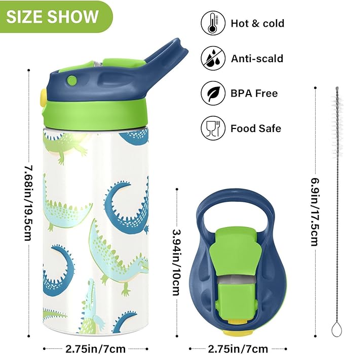 Alligator White Pattern Kids Water Bottle with Straw Lid Insulated Tumbler with Handle Stainless Steel Reusable Toddlers Cup for Kids Boys 12 oz - Bloomnest