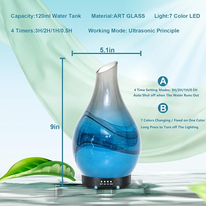 MAXWINER Essential Oil Diffusers Handmade Art Glass Ultrasonic Aromatherapy Diffusers with 7 Colors Lights Changing, Waterless Auto Shut-Off, Time Setting for Home, Office, Room 120ml - Bloomnest