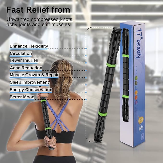 iGreely Premium Muscle Roller The Ultimate Massage Roller Stick 17 Inches Recommended by Physical Therapists Promotes Recovery Fast Relief for Cramps Soreness Tight Muscles Black - Bloomnest