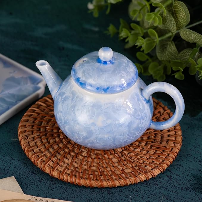 KAMMAK Tea Set Porcelain Tea Pot and Tea Cups Set,Ice Crystal Blue Asian Ceramic Tea Cups and Saucers Set, Chinese Gong Fu Tea Set (2 Cups +1 Pear-shaped Teapot + 1 Square Plate) - Bloomnest