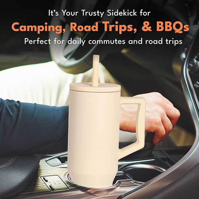 Elemental 40 oz Tumbler with Handle and Straw - Spill Proof Insulated Stainless Steel Commuter for Hot and Cold Beverages - Travel Coffee Mug with 2 Straws & Spill Proof Lid - 40oz - Beige - Bloomnest