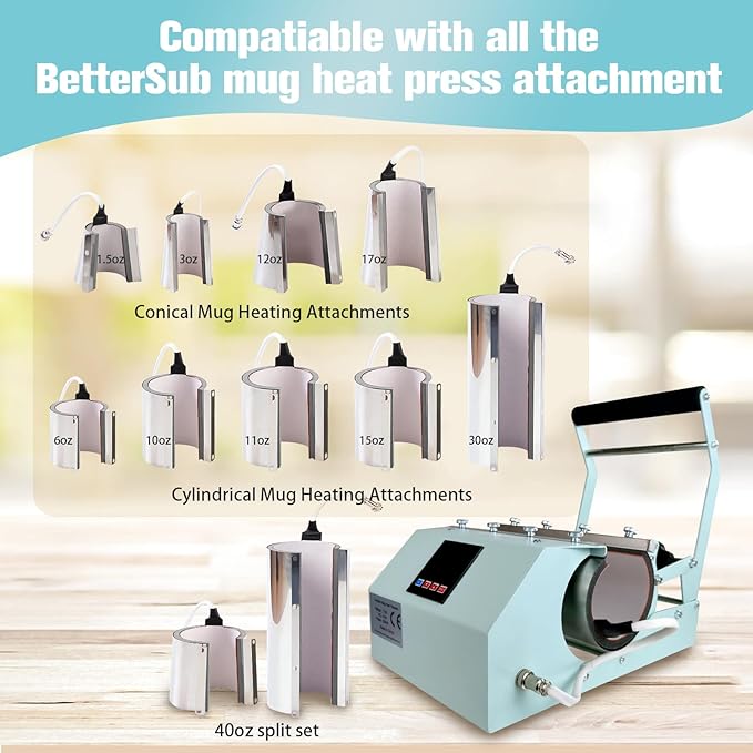 BetterSub 3in1 40 OZ Tumbler Mug Heat Press Machine 30 OZ 20 OZ 16 OZ Sublimation Straight Skinny Tumbler Mug,11 OZ 15 OZ 16 OZ Sublimation Mug Heat Transfer Teal - Bloomnest