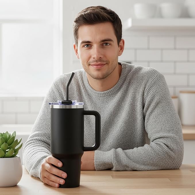40 oz Tumbler With Handle and Straw Lid, Vacuum Insulated Travel Coffee Mug Stainless Steel Insulated Cup for Beverages, Leak-proof, Cupholder Friendly (Black) - Bloomnest