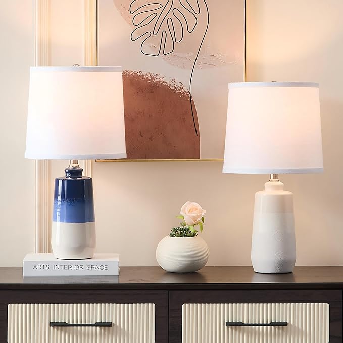 20.5" Ceramic Blue Lamps for Nightstand Set of 2, Blue Table Lamps for Living Room Set of 2, Coastal Table Lamps for Bedroom with White Barrel Lampshade, Blue White Ceramic Lamps for Small Space - Bloomnest