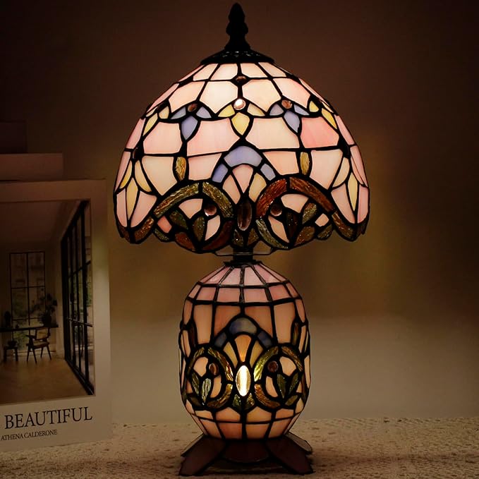 Small Tiffany Lamp Stained Glass Table Lamp Mini Mother Daughter Vase Desk Accent Light for Bedroom Bedside Reading Home Antique Style Decor 8X14 Inches (Pink Baroque) - Bloomnest
