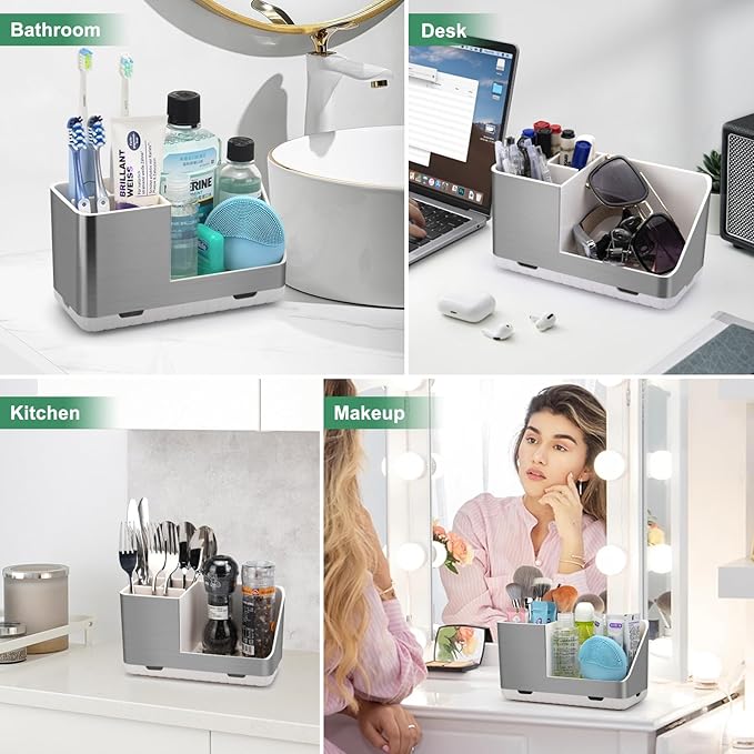 Toothbrush Holders for Bathroom Countertop Organizer, Brushed Nickel Tooth Brush Holder, Kids Electric Toothbrush and Toothpaste Holder with Drainage (Brushed Silver) - Bloomnest