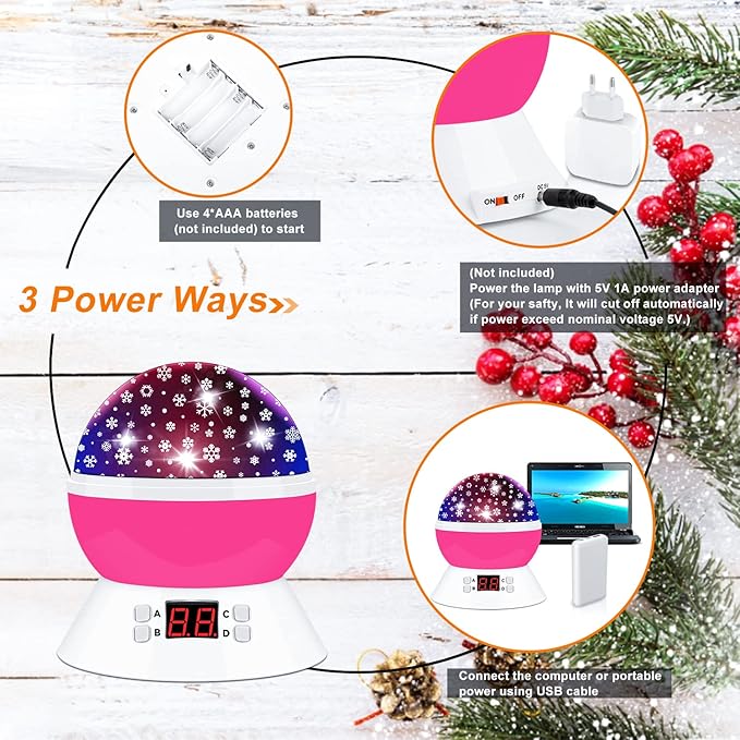 Snowflake Projector Night Light Indoor, Snowflake Nightlight with Timer, Star Lights Projector for Ceiling Kids Room Decor Gifts for 3-8 Year Old Girls Christmas Birthday Gift for Toddler - Bloomnest