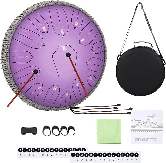 Steel Tongue Drum 12 Inch 15 Notes: Handpan Drums Set with Music Book Mallets Carry Bag - Hand Pan Instrument for Adults Musical Education Meditation Yoga Chakra (Purple)