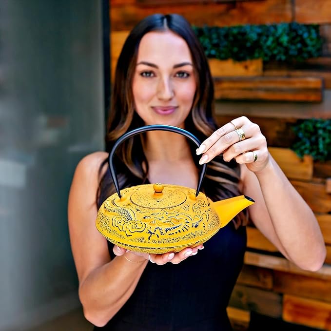 Large Cast Iron Tea Kettle Set - 40oz/1200ml Japanese Teapot with Infuser & Matching Trivet - Tetsubin Iron Tea Pot Japanese Style with Enamel Interior - Handcrafted Dragon Teapot Humidifier - Yellow